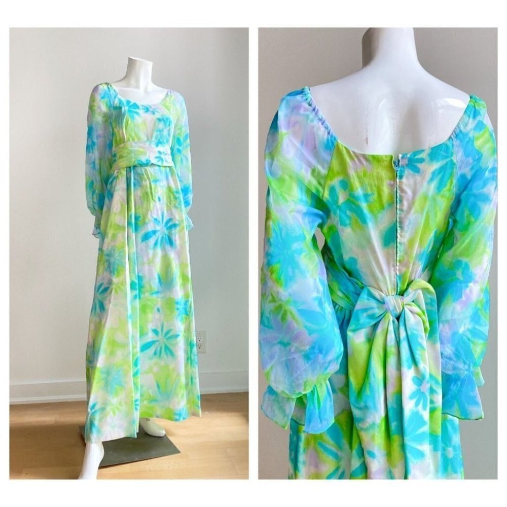 Vintage Mary Karolnek Blue Green Floral Bow Detail Maxi Dress S